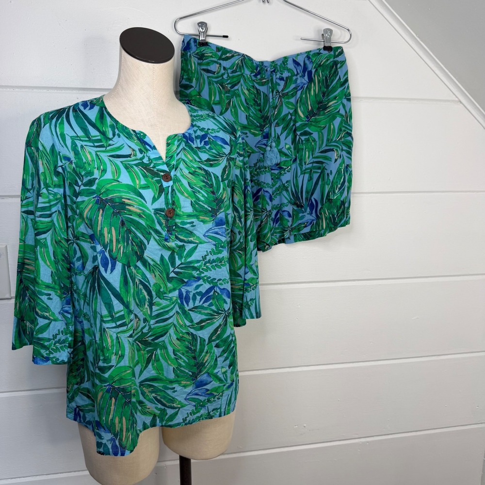 J.‎ Jill Two Piece Set Small Green Blue Tropical Cruise Resortwear Matching